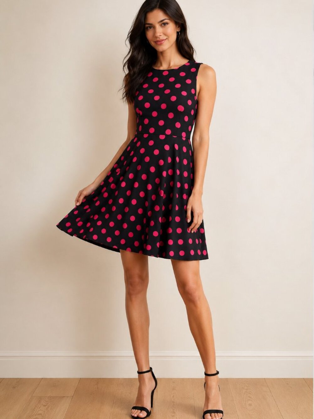 Anni Coco Women's Swing Dress Size S Black Hot Pink Polka Dot NWT